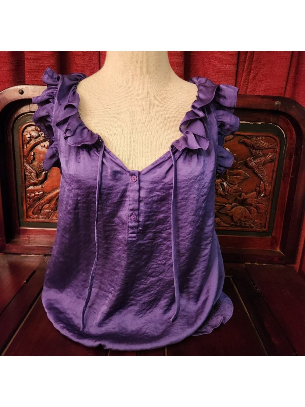 Purple Ruffled Sleeve and Neckline Banded Ruffled Waist Silk Like Fabric Blouse